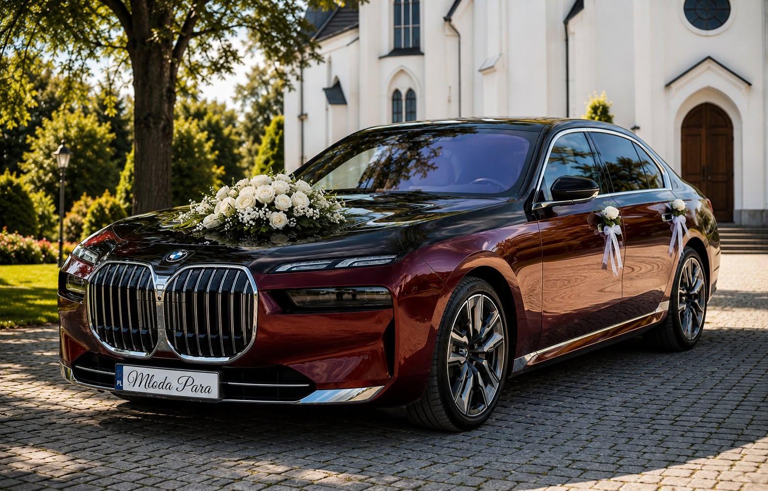 BMW Serii 7 Long w eleganckiej aranżacji ślubnej o zachodzie słońca